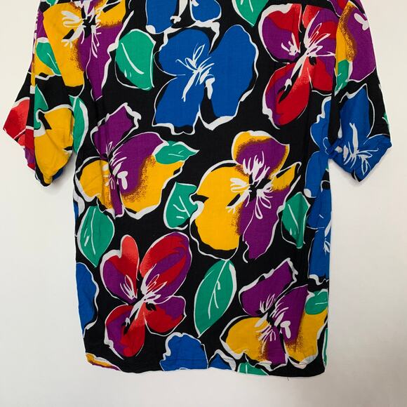 Vintage 80s Top of the Town tropical Hawaiian floral print button up shirt SZ S - Picture 6 of 7